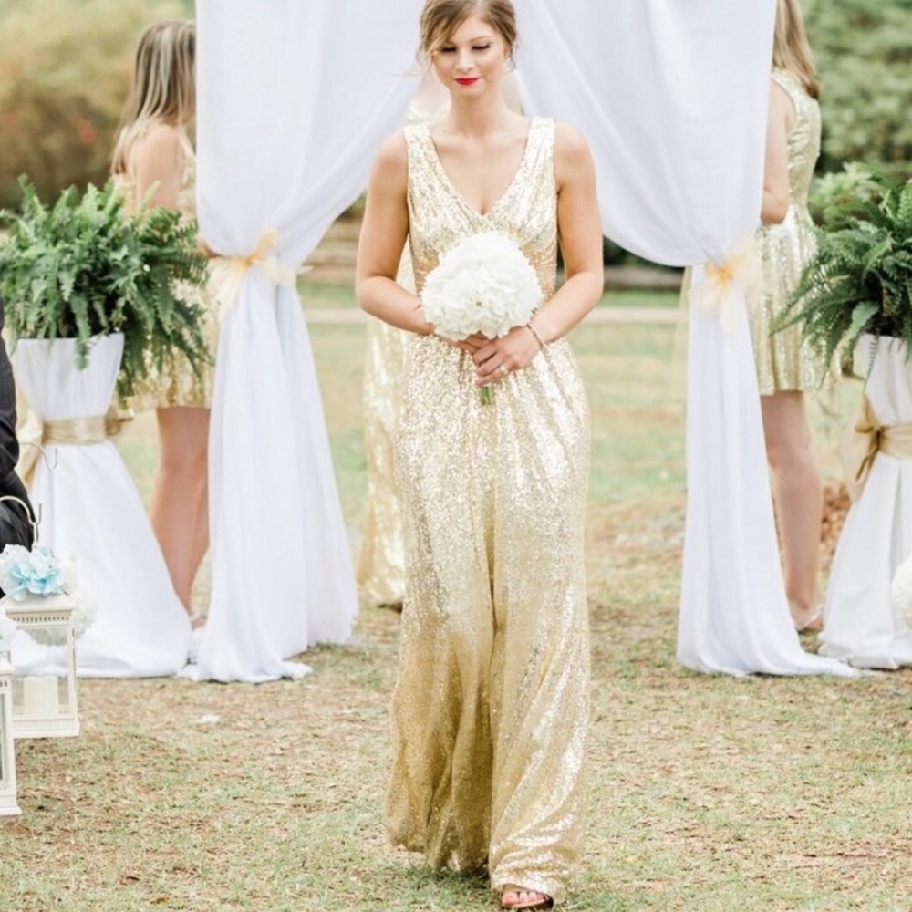 Gold Sequins Bridesmaid Formal Prom Dress.